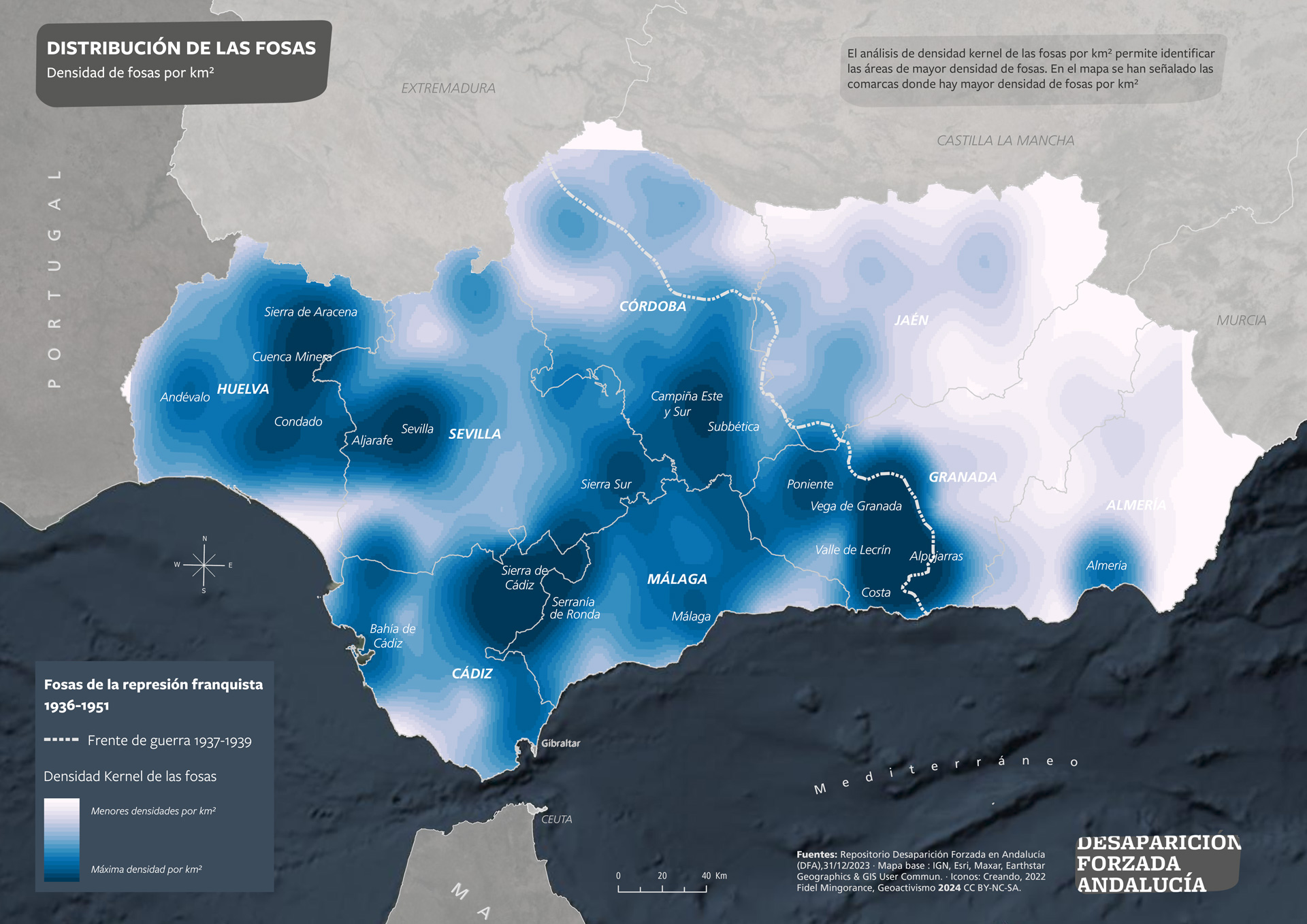 Distribución de las fosas en Andalucía: densidad por km²
