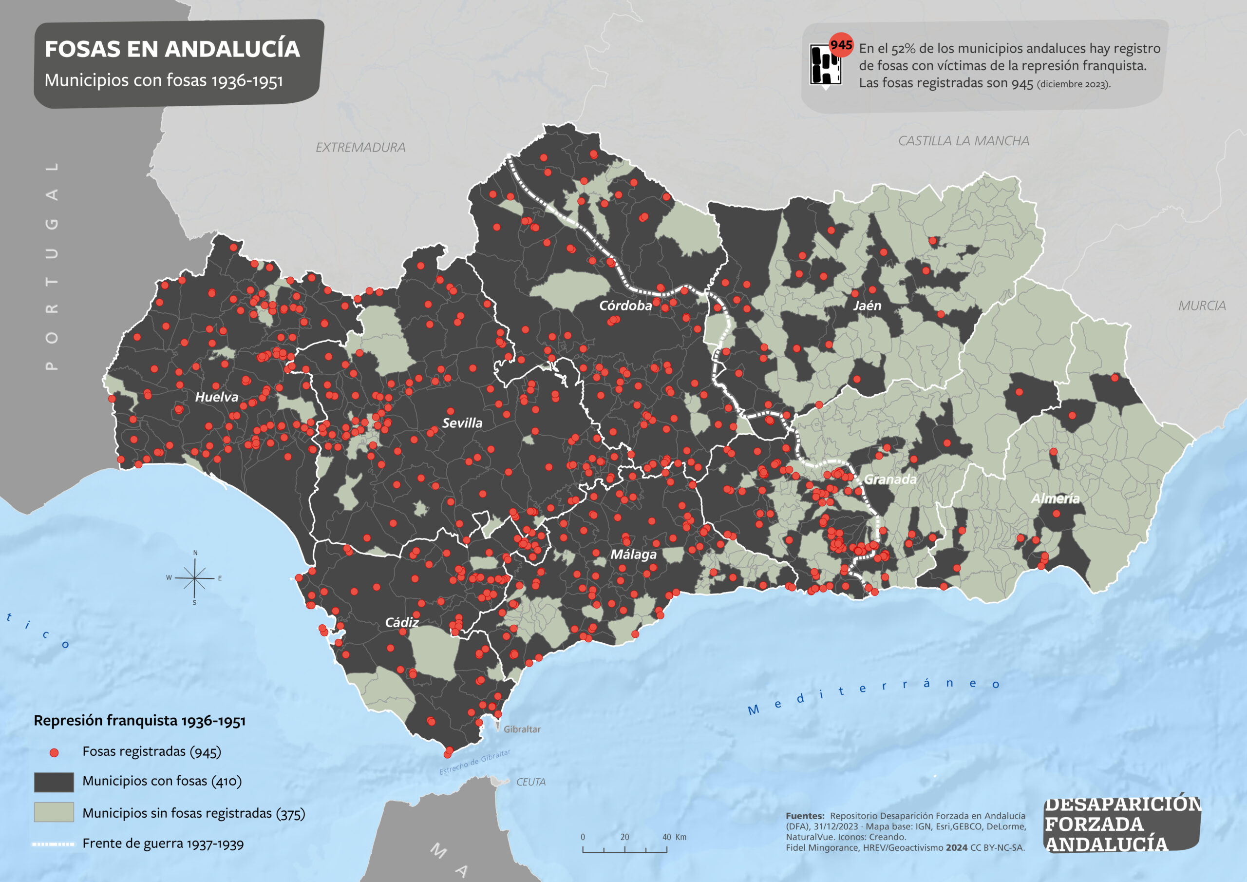 Distribución de las fosas en Andalucía: municipios afectados