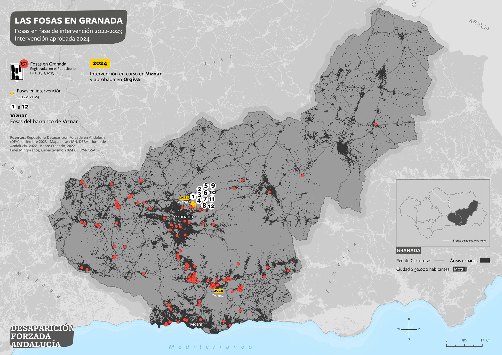 Las fosas en Granada.  Fosas en fase de intervención en 2022-2023. Intervenciones aprobadas 2024