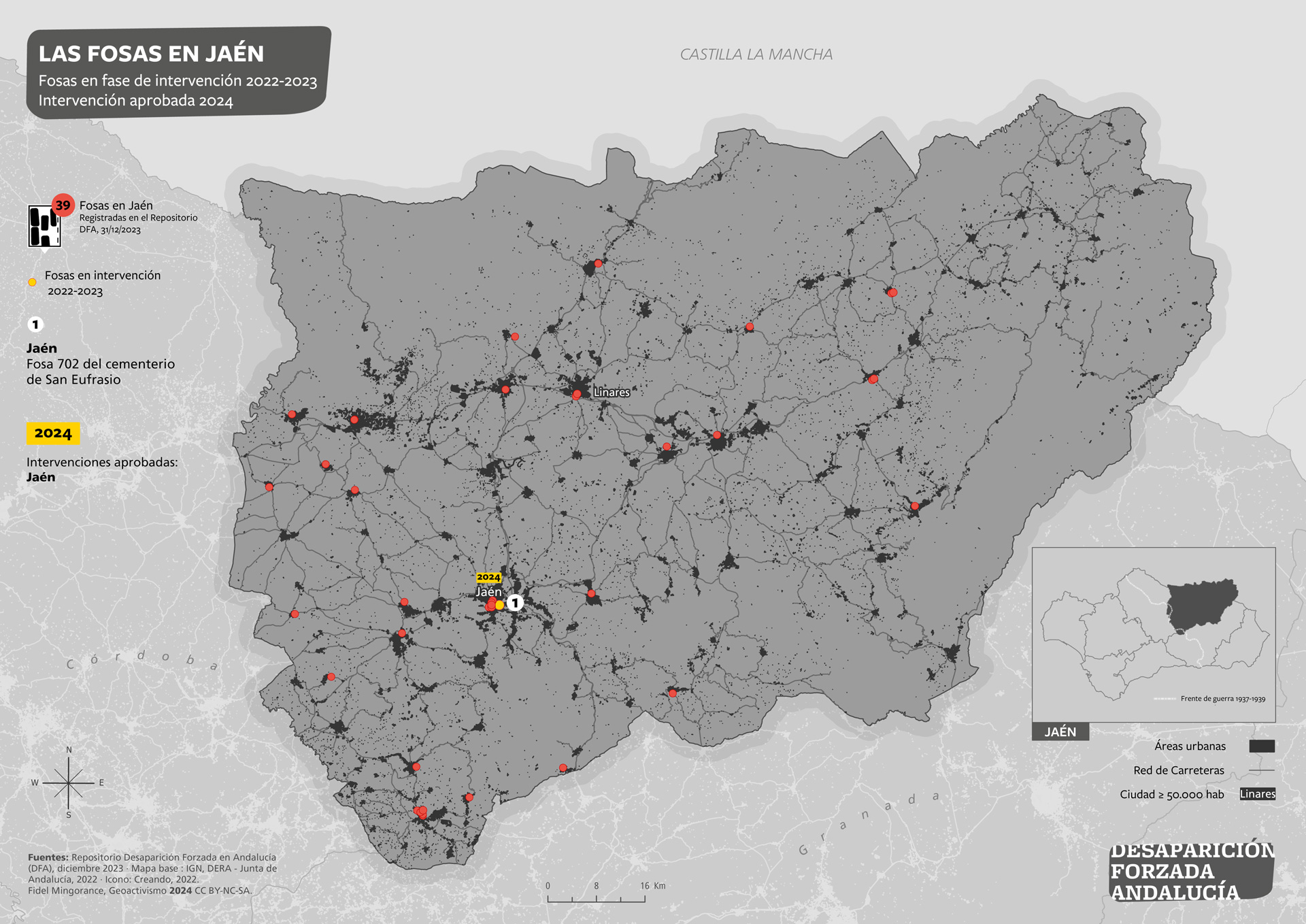 Las fosas en Jaén.  Fosas en fase de intervención en 2022-2023. Intervenciones aprobadas 2024